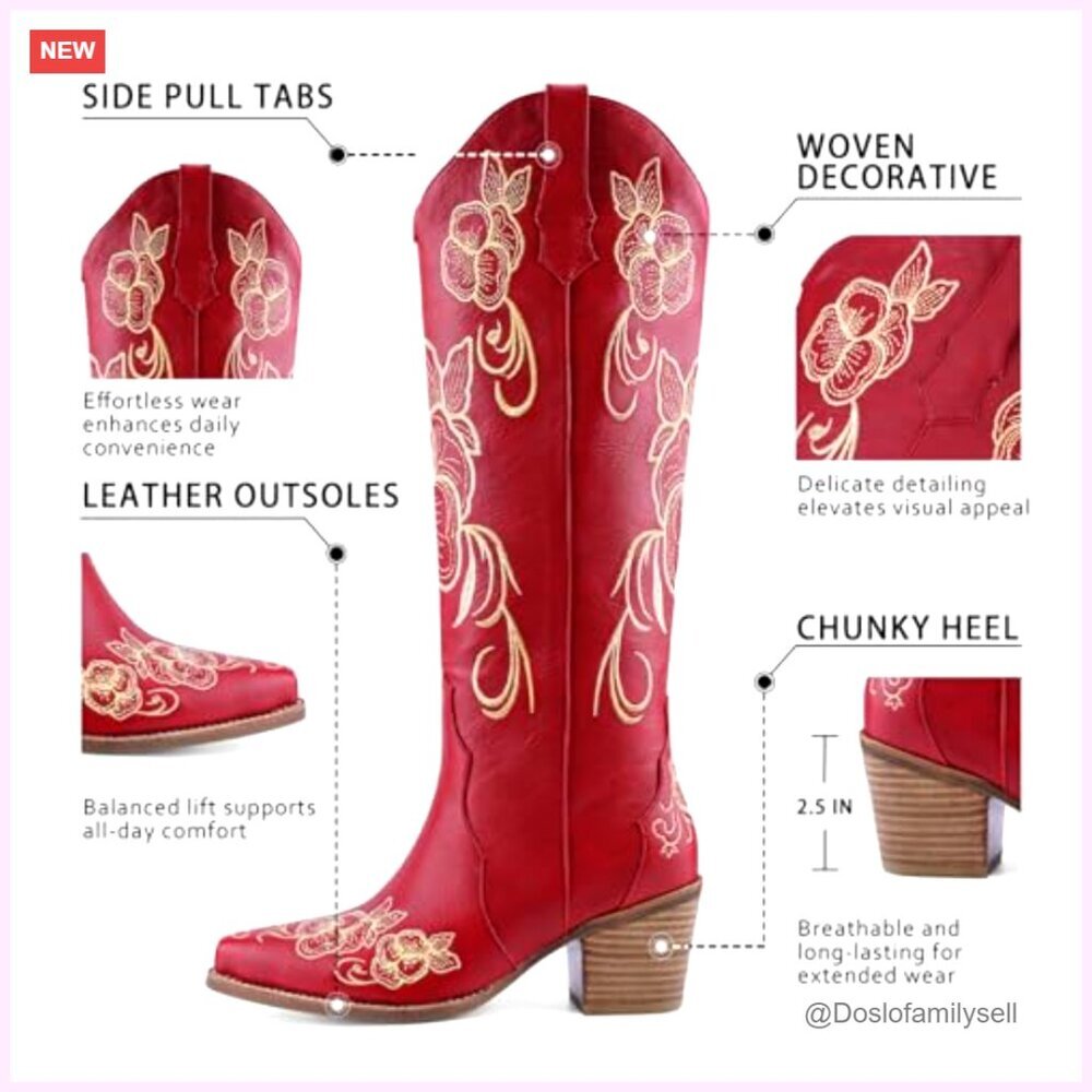 Knee High Cowboy Boots Pointed Toe Chunky Heel Floral Embroidered Pull On - Picture 4 of 7